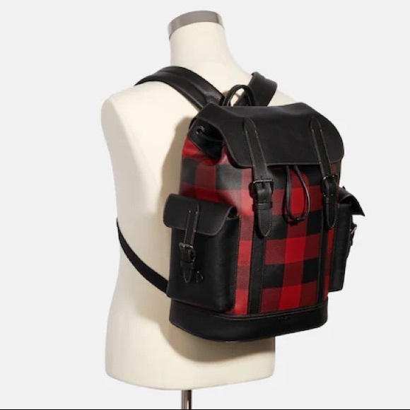 New Coach Unisex Hudson XL Drawstring Backpack in Red Black Buffalo Plaid Print - Picture 3 of 17